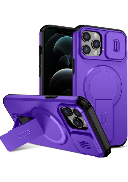 iPhone 12 Pro Max Için Manyetik Kılıf, Kayar Kamera Korumalı Çift Katmanlı Darbeye Dayanıklı Telefon Kılıfı, Ayarlanabilir Stand, Mor (Yurt Dışından)