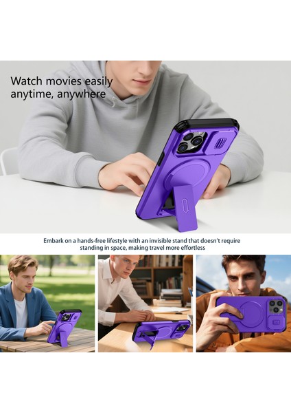 iPhone 12 Pro Max Için Manyetik Kılıf, Kayar Kamera Korumalı Çift Katmanlı Darbeye Dayanıklı Telefon Kılıfı, Ayarlanabilir Stand, Mor (Yurt Dışından) indirimleri