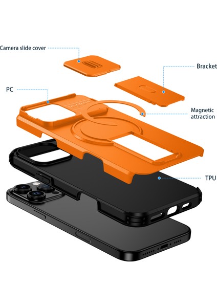 iPhone 16 Pro Max Için Manyetik Kılıf, Kayar Kamera Korumalı Çift Katmanlı Darbeye Dayanıklı Telefon Kılıfı, Ayarlanabilir Stand, Turuncu (Yurt Dışından) fiyatları