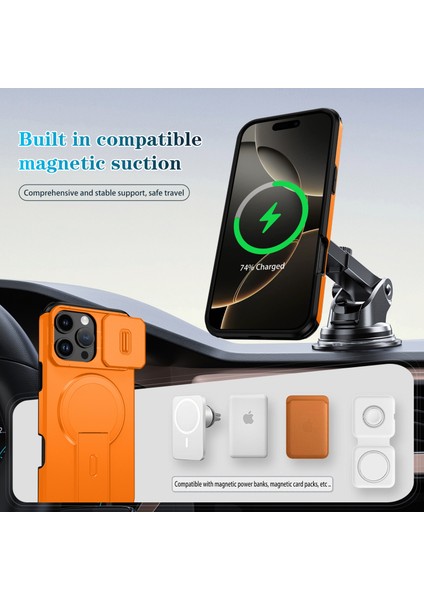 iPhone 16 Pro Max Için Manyetik Kılıf, Kayar Kamera Korumalı Çift Katmanlı Darbeye Dayanıklı Telefon Kılıfı, Ayarlanabilir Stand, Turuncu (Yurt Dışından) modelleri