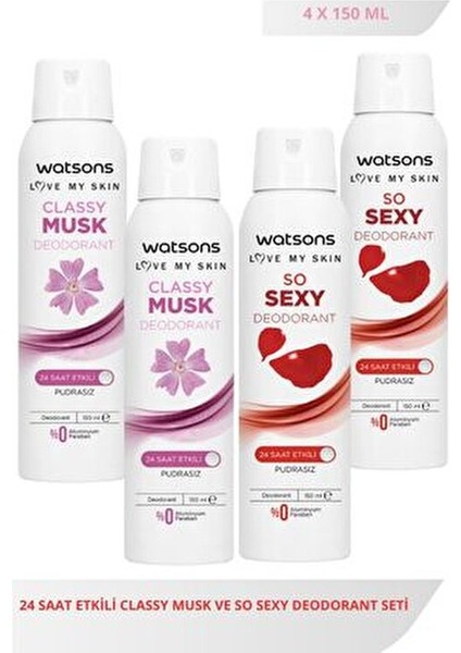 Classy Musk ve So Sexy Deodorant Seti 150 ml Pudrasız 4 Parça Uzun Süreli Ferahlık fırsatları