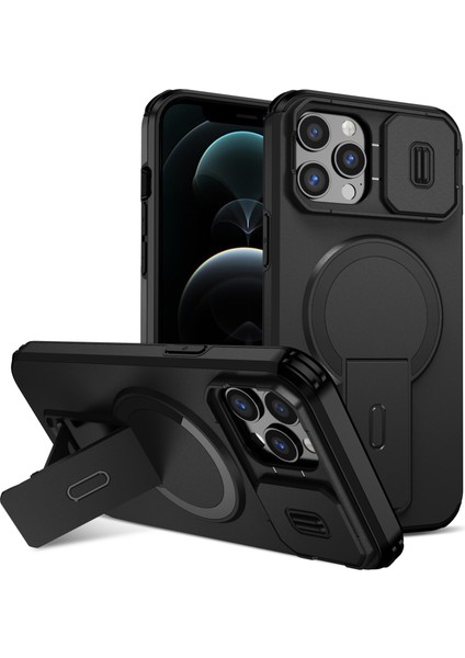 iPhone 12 Pro Max Için Manyetik Kılıf, Kayar Kamera Korumalı Çift Katmanlı Darbeye Dayanıklı Telefon Kılıfı, Ayarlanabilir Stand, Siyah (Yurt Dışından)