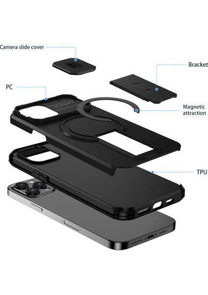 iPhone 12 Pro Max Için Manyetik Kılıf, Kayar Kamera Korumalı Çift Katmanlı Darbeye Dayanıklı Telefon Kılıfı, Ayarlanabilir Stand, Siyah (Yurt Dışından) fiyatları