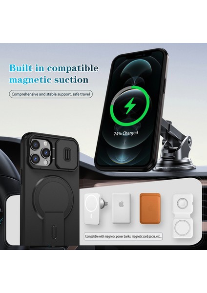iPhone 12 Pro Max Için Manyetik Kılıf, Kayar Kamera Korumalı Çift Katmanlı Darbeye Dayanıklı Telefon Kılıfı, Ayarlanabilir Stand, Siyah (Yurt Dışından) modelleri