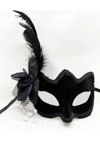 Bfs Siyah Renk Yandan Tüylü Beyaz Incili Süet Kaplama A Kalite Lüks Parti Maskesi 20X23 cm