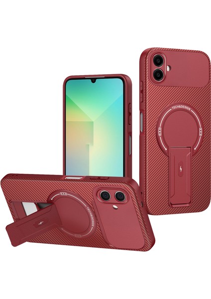 Samsung Galaxy A06 5g/4g Için Manyetik Kılıf, Standlı Karbon Fiber Tasarımlı Tpu Hibrit Telefon Kılıfı, Kırmızı (Yurt Dışından)