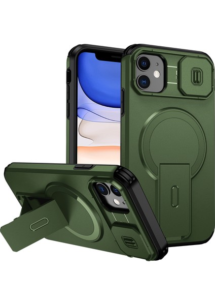 iPhone 11 Için Manyetik Kılıf, Kayar Kamera Korumalı Çift Katmanlı Darbeye Dayanıklı Telefon Kılıfı, Ayarlanabilir Stand, Yeşil (Yurt Dışından)