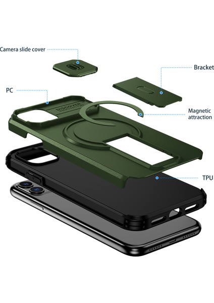 iPhone 11 Için Manyetik Kılıf, Kayar Kamera Korumalı Çift Katmanlı Darbeye Dayanıklı Telefon Kılıfı, Ayarlanabilir Stand, Yeşil (Yurt Dışından) fiyatları