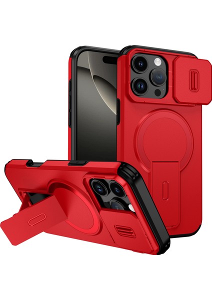 iPhone 16 Pro Max Için Manyetik Kılıf, Kayar Kamera Korumalı Çift Katmanlı Darbeye Dayanıklı Telefon Kılıfı, Ayarlanabilir Stand, Kırmızı (Yurt Dışından)