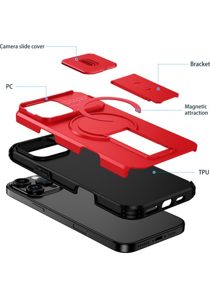 iPhone 16 Pro Max Için Manyetik Kılıf, Kayar Kamera Korumalı Çift Katmanlı Darbeye Dayanıklı Telefon Kılıfı, Ayarlanabilir Stand, Kırmızı (Yurt Dışından) fiyatları