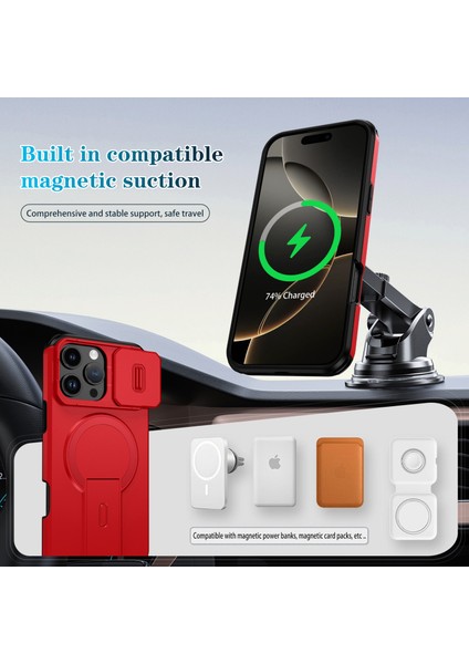 iPhone 16 Pro Max Için Manyetik Kılıf, Kayar Kamera Korumalı Çift Katmanlı Darbeye Dayanıklı Telefon Kılıfı, Ayarlanabilir Stand, Kırmızı (Yurt Dışından) modelleri
