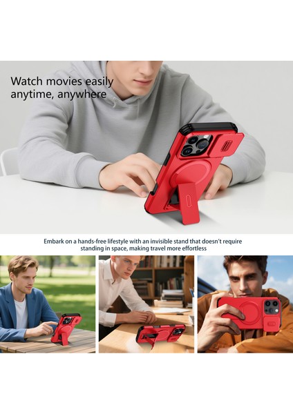 iPhone 16 Pro Max Için Manyetik Kılıf, Kayar Kamera Korumalı Çift Katmanlı Darbeye Dayanıklı Telefon Kılıfı, Ayarlanabilir Stand, Kırmızı (Yurt Dışından) indirimleri