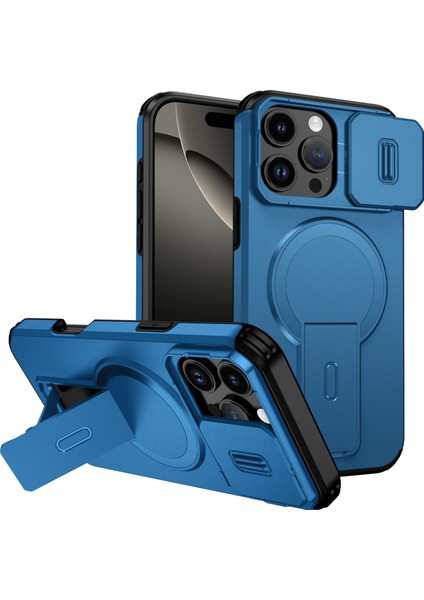 iPhone 16 Pro Max Için Manyetik Kılıf, Kayar Kamera Korumalı Çift Katmanlı Darbeye Dayanıklı Telefon Kılıfı, Ayarlanabilir Stand, Mavi (Yurt Dışından)