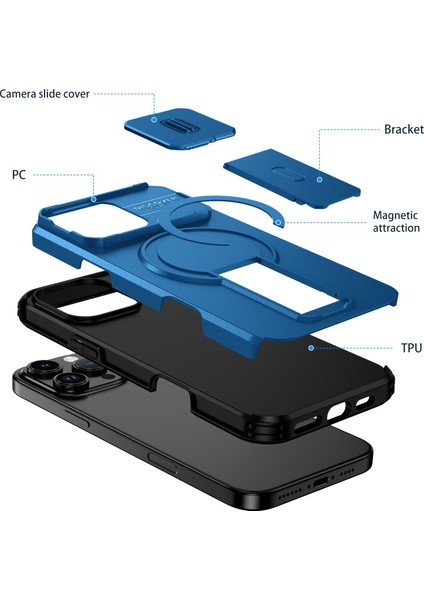 iPhone 16 Pro Max Için Manyetik Kılıf, Kayar Kamera Korumalı Çift Katmanlı Darbeye Dayanıklı Telefon Kılıfı, Ayarlanabilir Stand, Mavi (Yurt Dışından) fiyatları
