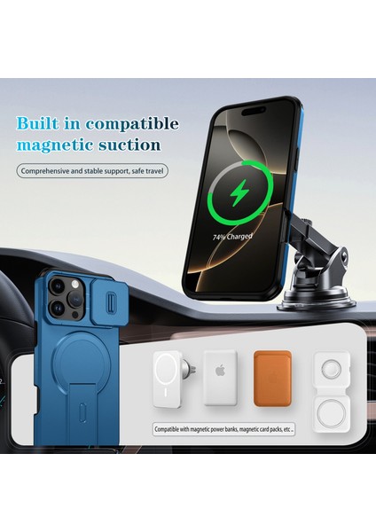 iPhone 16 Pro Max Için Manyetik Kılıf, Kayar Kamera Korumalı Çift Katmanlı Darbeye Dayanıklı Telefon Kılıfı, Ayarlanabilir Stand, Mavi (Yurt Dışından) modelleri