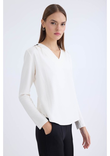 V Yaka Omuzu Düğmeli Uzun Kol Bluz fiyatları