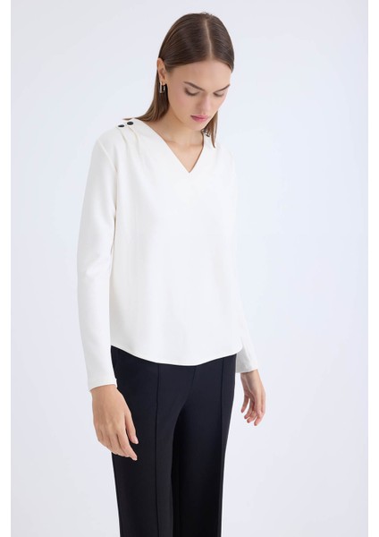 V Yaka Omuzu Düğmeli Uzun Kol Bluz fırsatları