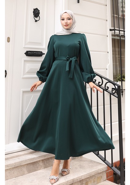Kuplu Kolları Lastikli Sade Abiye Elbise 5614-04 Zümrüt Yeşili