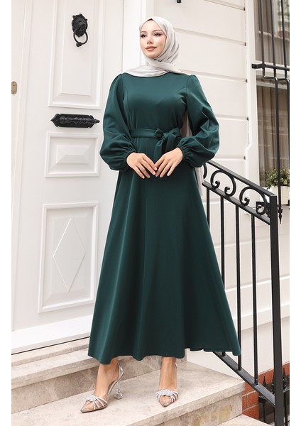 Kuplu Kolları Lastikli Sade Abiye Elbise 5614-04 Zümrüt Yeşili fiyatları