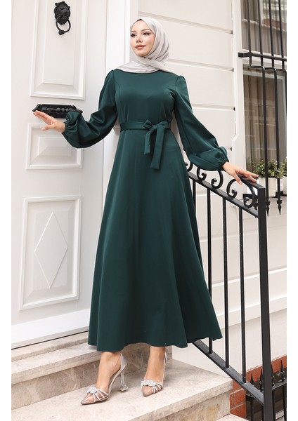 Kuplu Kolları Lastikli Sade Abiye Elbise 5614-04 Zümrüt Yeşili modelleri
