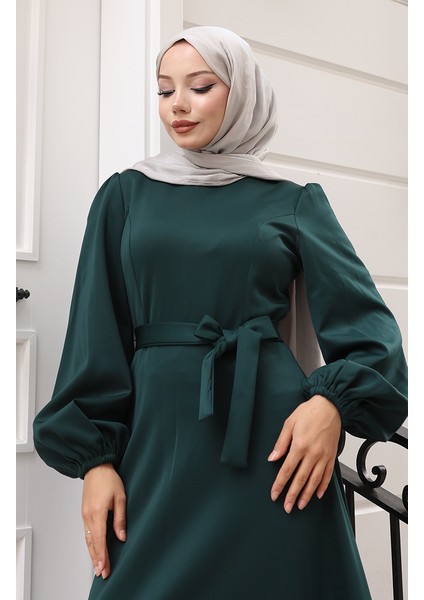 Kuplu Kolları Lastikli Sade Abiye Elbise 5614-04 Zümrüt Yeşili fırsatları