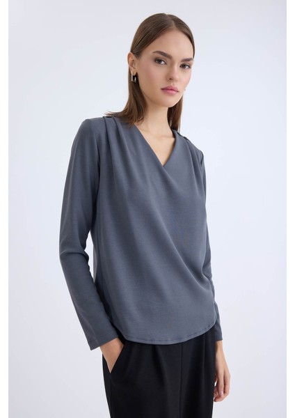 V Yaka Omuzu Düğmeli Uzun Kol Bluz fiyatları