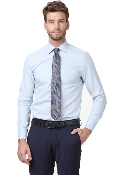 Mavi Düz Fitted Fit Dokuma Klasik Pamuk Karışımlı Gömlek