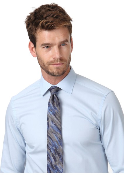 Mavi Düz Fitted Fit Dokuma Klasik Pamuk Karışımlı Gömlek modelleri