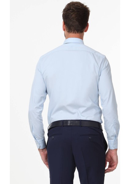 Mavi Düz Fitted Fit Dokuma Klasik Pamuk Karışımlı Gömlek fırsatları