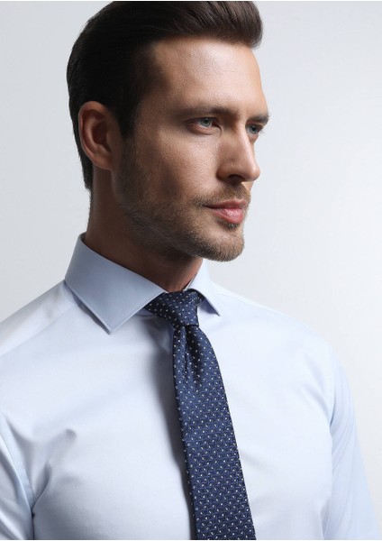 Açık Mavi Düz Slim Fit Dokuma Klasik Pamuk Karışımlı Gömlek fiyatları
