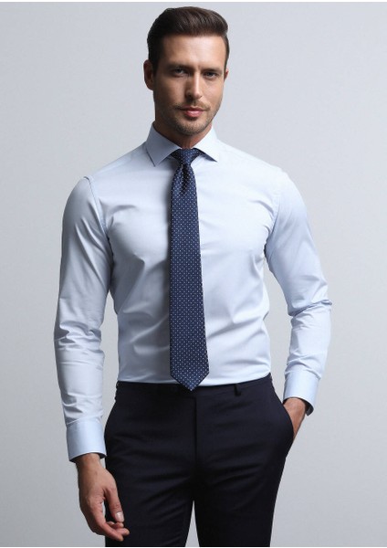 Açık Mavi Düz Slim Fit Dokuma Klasik Pamuk Karışımlı Gömlek fırsatları