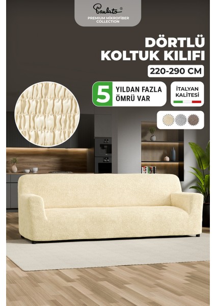 Lastikli Esnek ve Yıkanabilir Piliseli Vanilya 4 Kişilik Koltuk Örtüsü