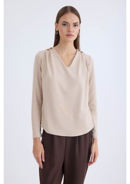 V Yaka Omuzu Düğmeli Uzun Kol Bluz