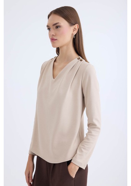 V Yaka Omuzu Düğmeli Uzun Kol Bluz fiyatları