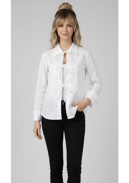 Uzun Kollu Drop Çakımı Bağcıklı Kadın Beyaz Gömlek