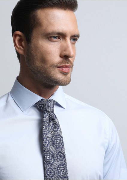 Açık Mavi Düz Regular Fit Dokuma Klasik Pamuk Karışımlı Gömlek fiyatları