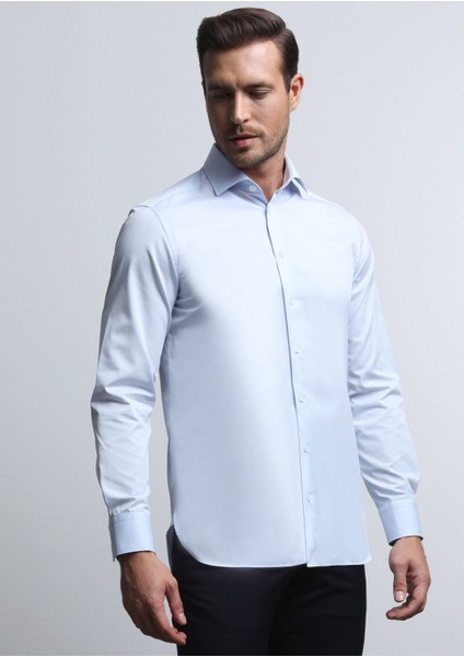 Açık Mavi Düz Regular Fit Dokuma Klasik Pamuk Karışımlı Gömlek modelleri
