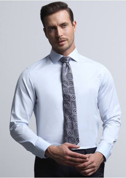 Açık Mavi Düz Regular Fit Dokuma Klasik Pamuk Karışımlı Gömlek fırsatları