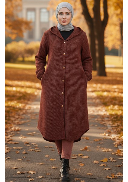 Kapüşonlu Düğmeli Kaşe Kap 0201-09 Kiremit