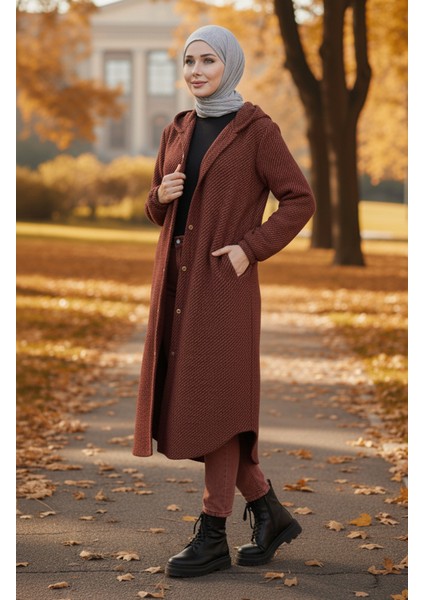 Kapüşonlu Düğmeli Kaşe Kap 0201-09 Kiremit fiyatları