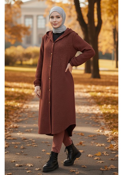 Kapüşonlu Düğmeli Kaşe Kap 0201-09 Kiremit modelleri