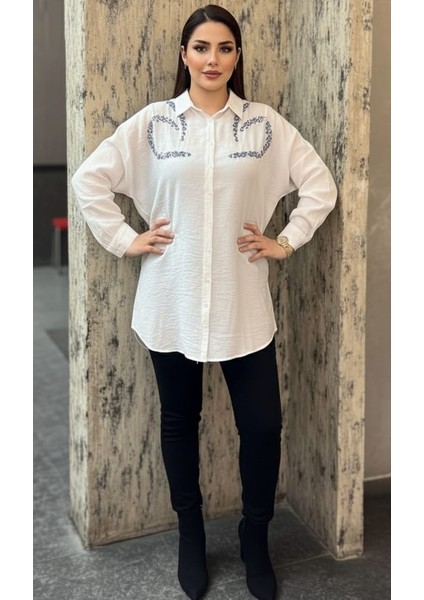 Yazlık Nakış Payet Işlemeli Oversize Kadın Keten Gömlek