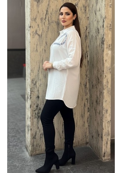 Yazlık Nakış Payet Işlemeli Oversize Kadın Keten Gömlek fiyatları