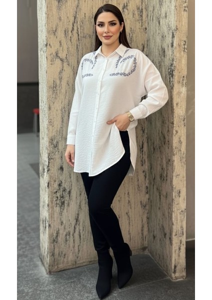 Yazlık Nakış Payet Işlemeli Oversize Kadın Keten Gömlek modelleri