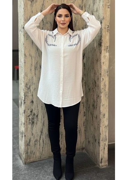 Yazlık Nakış Payet Işlemeli Oversize Kadın Keten Gömlek fırsatları