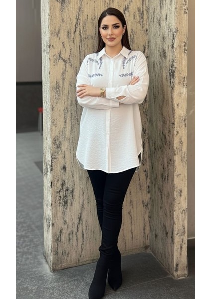 Yazlık Nakış Payet Işlemeli Oversize Kadın Keten Gömlek indirimleri