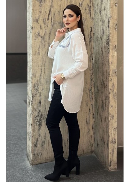 Yazlık Nakış Payet Işlemeli Oversize Kadın Keten Gömlek