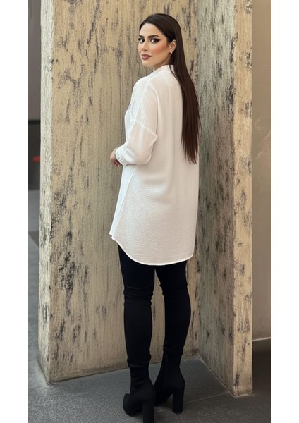 Yazlık Nakış Payet Işlemeli Oversize Kadın Keten Gömlek