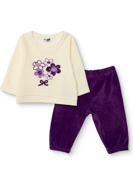 Kız Bebek Kadife Pijama Takımı Bisiklet Yaka Uzun Kol Ribanalı Paça