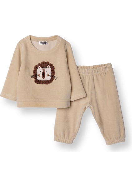 Erkek Bebek Kadife Pijama Takımı Bisiklet Yaka Uzun Kol Ribanalı Paça